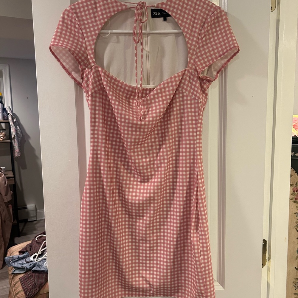 Zara Pink Checkered Backless Dress